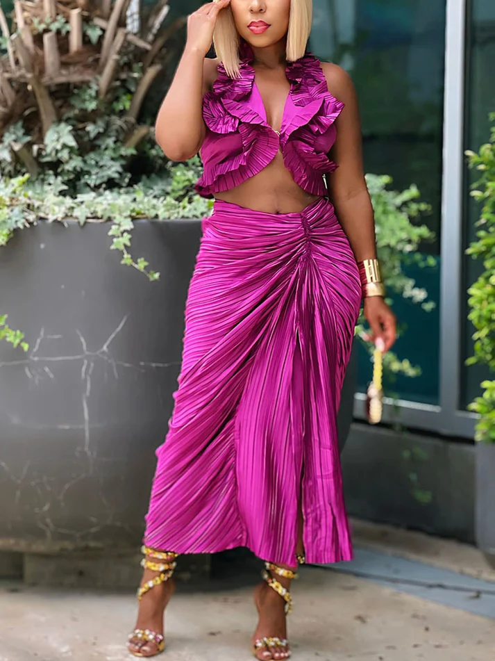 Satin Ruffle Crop Top And Skirt Sets