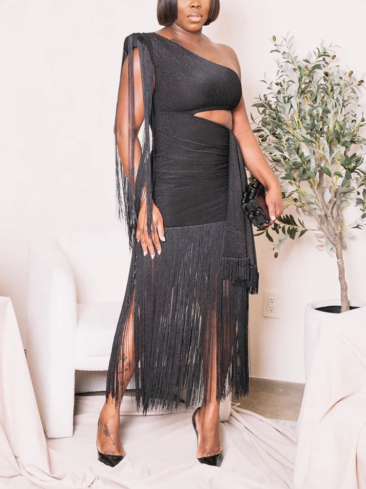 Glitter One-Shoulder Fringe Gown Dresses