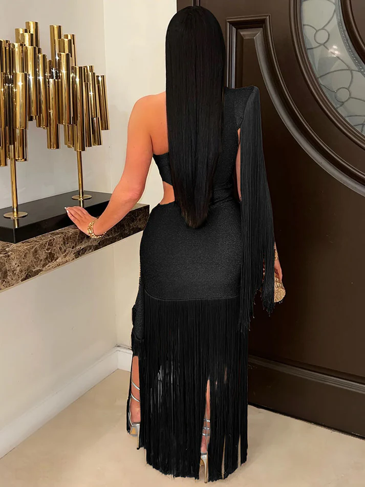 Glitter One-Shoulder Fringe Gown Dresses