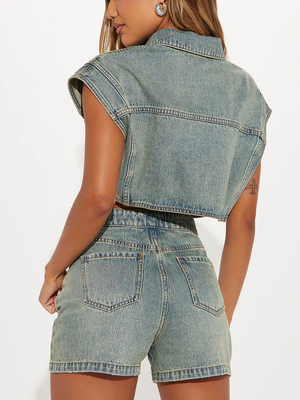 Washed Denim Button Top Shorts Sets