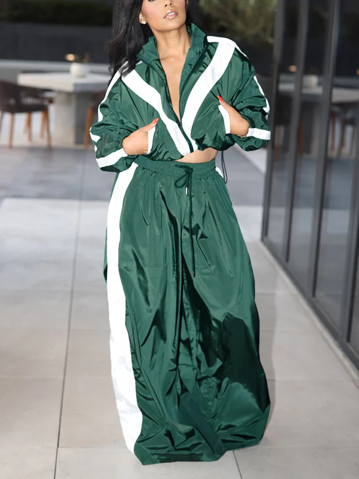Sporty Crop Jacket Wide Pants Sets