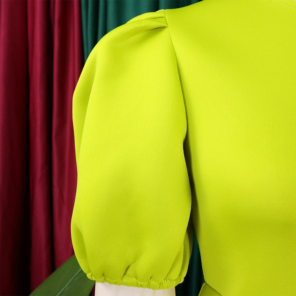 Round Neck Puff Sleeve Fitted A-Line Dresses