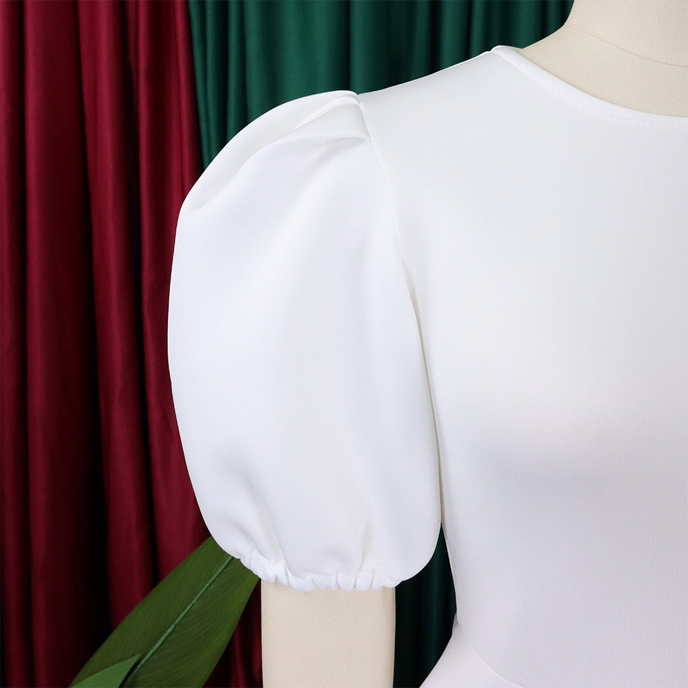 Round Neck Puff Sleeve Fitted A-Line Dresses