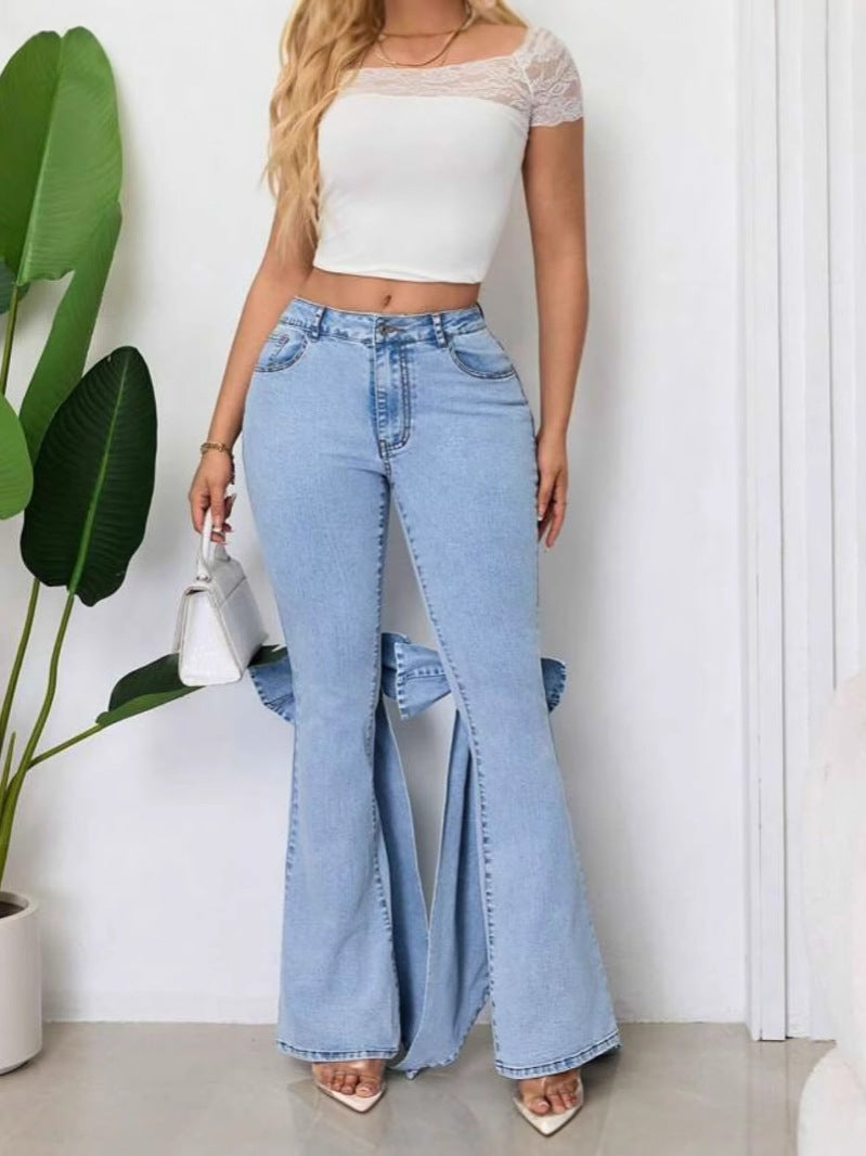 High-Waisted Stretch Bow Bell-Bottom Jeans