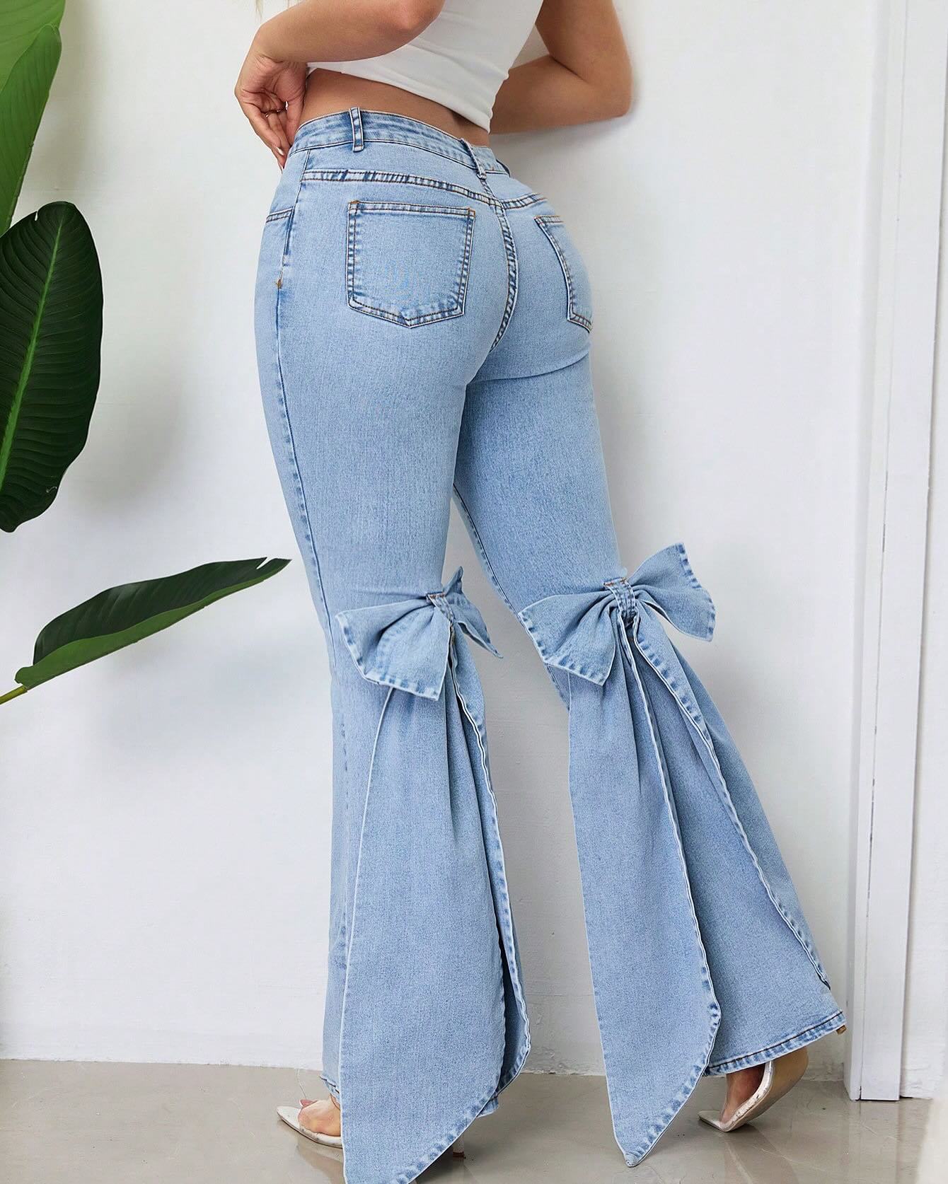 High-Waisted Stretch Bow Bell-Bottom Jeans