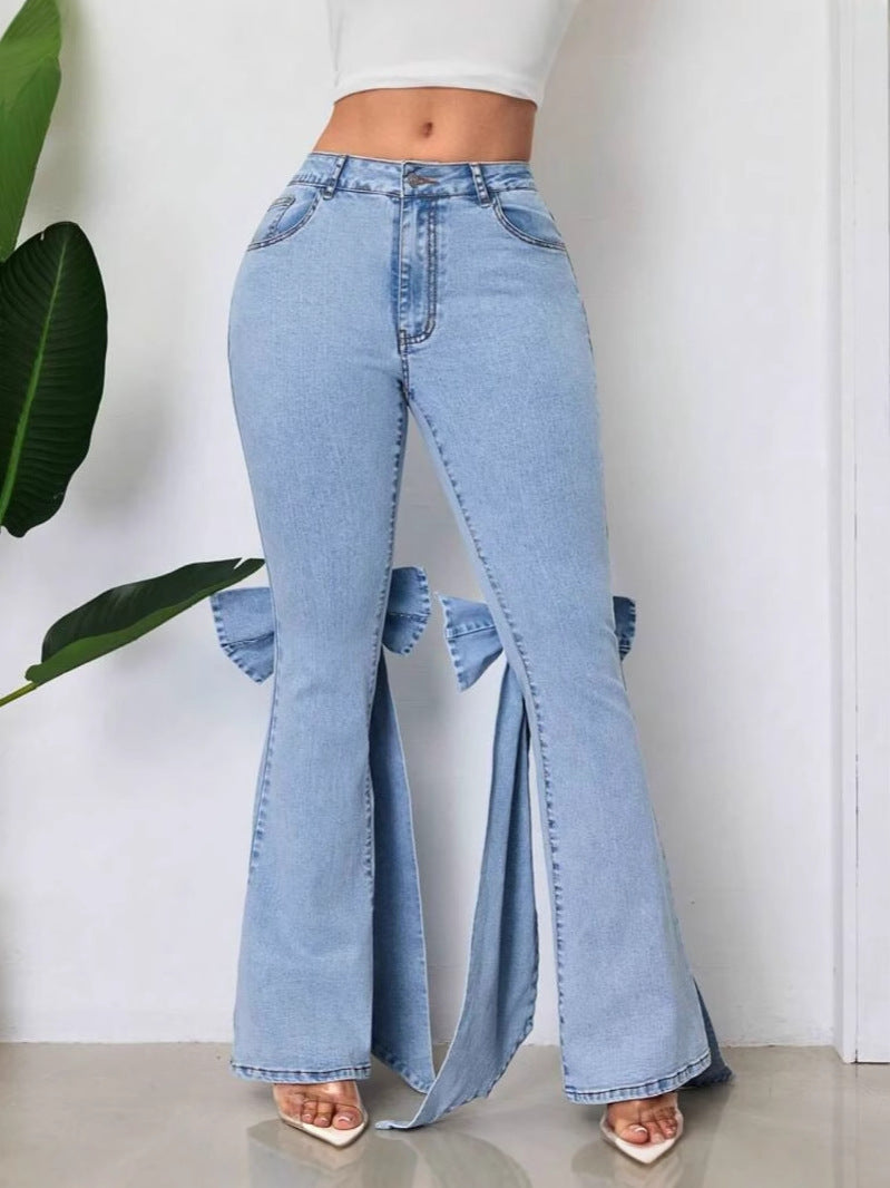 High-Waisted Stretch Bow Bell-Bottom Jeans