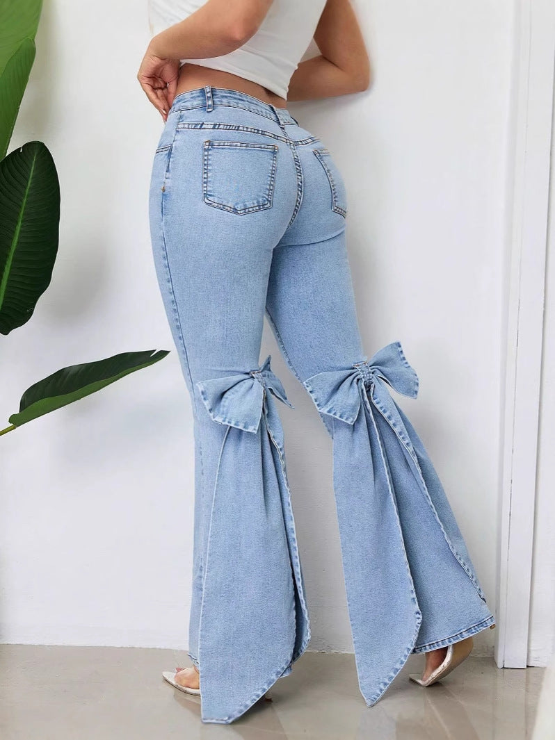 High-Waisted Stretch Bow Bell-Bottom Jeans