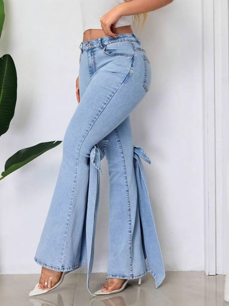 High-Waisted Stretch Bow Bell-Bottom Jeans