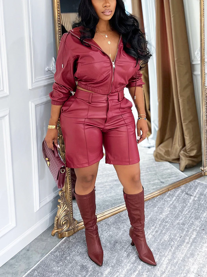 Leather Hooded Jacket & Shorts Sets