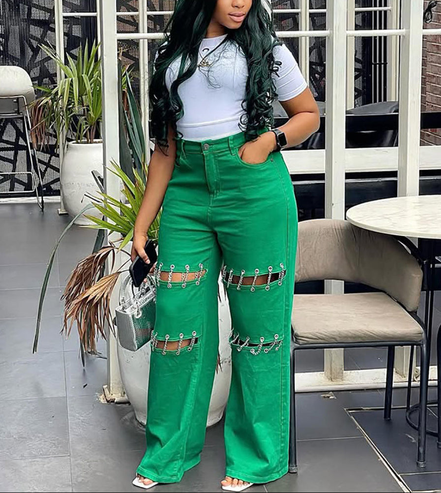 Patchwork Stud Chain Denim Jeans
