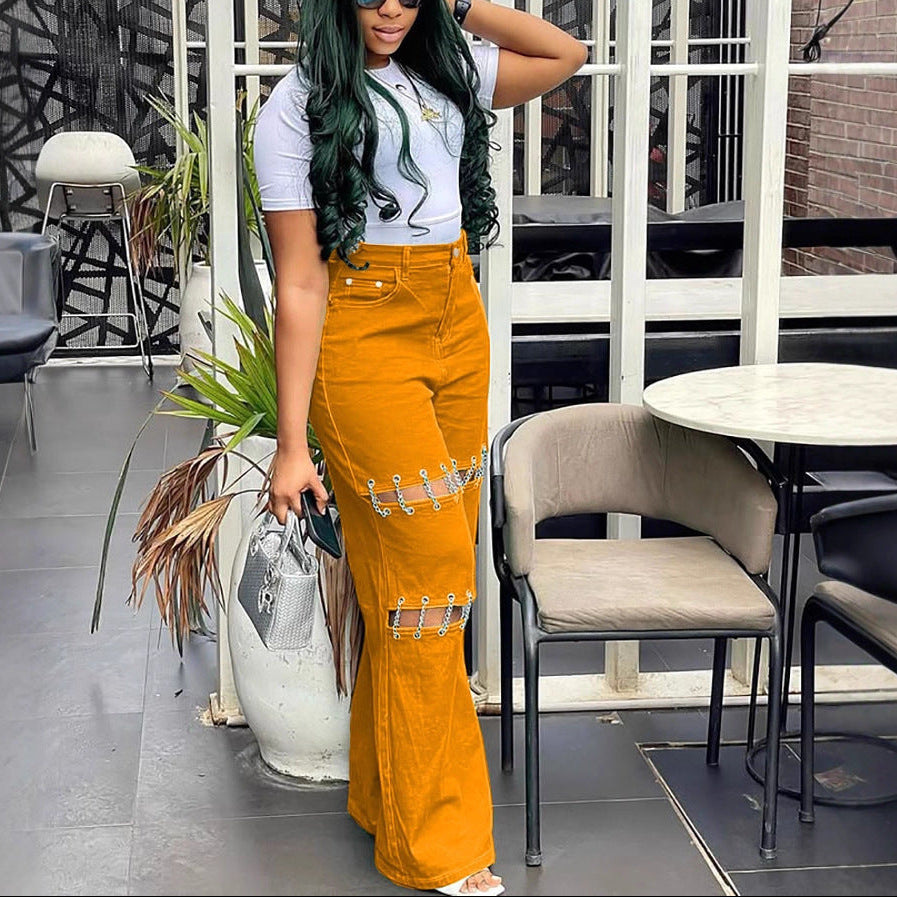 Patchwork Stud Chain Denim Jeans