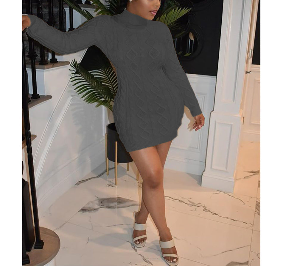 Solid Color Knitted Neckline Short Dresses