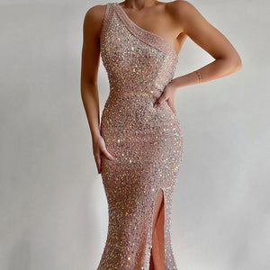 Slit-Hem Long Dress with One-Shoulder Sequined Design