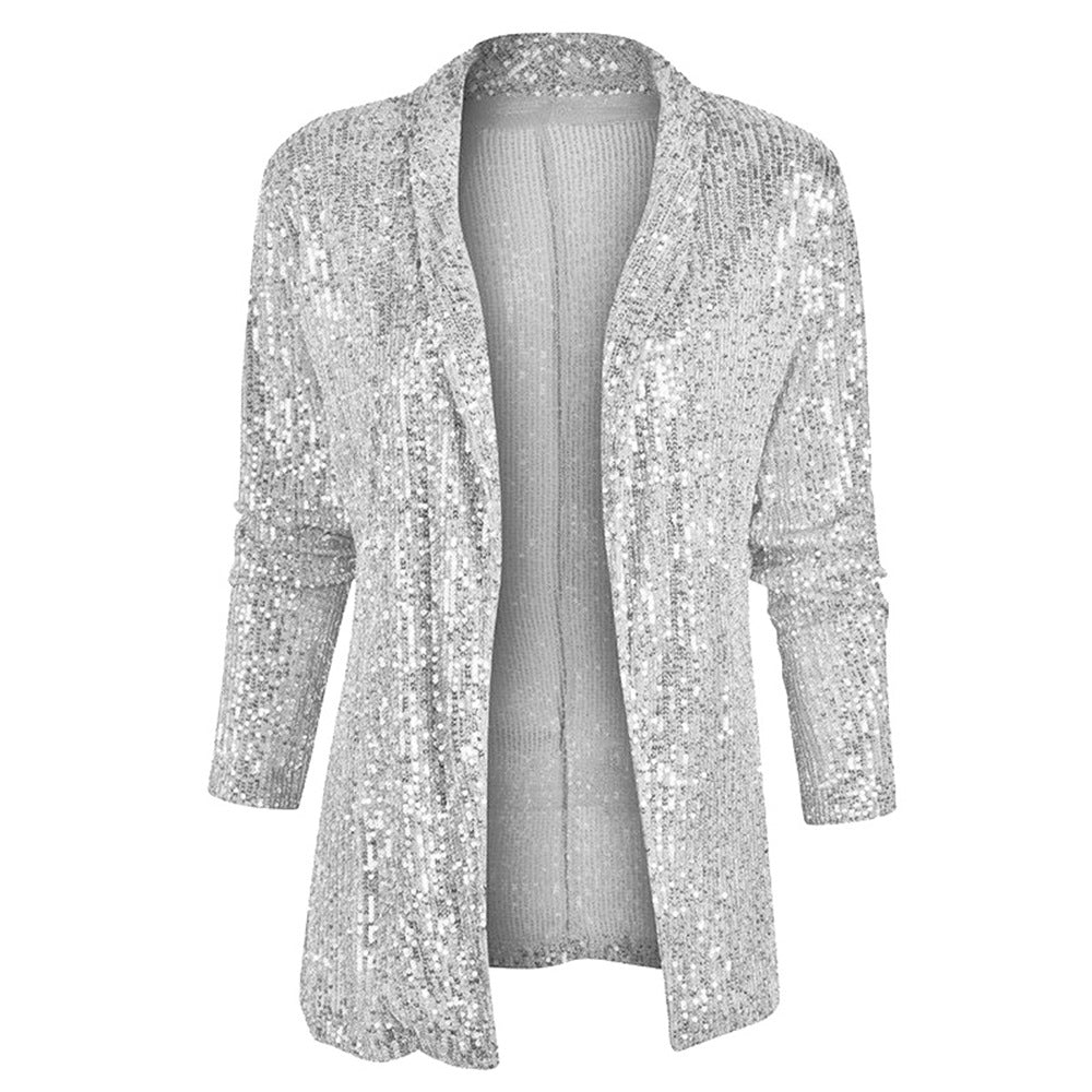 Sequin-Embellished Long-Sleeved Solid-Color Jacket