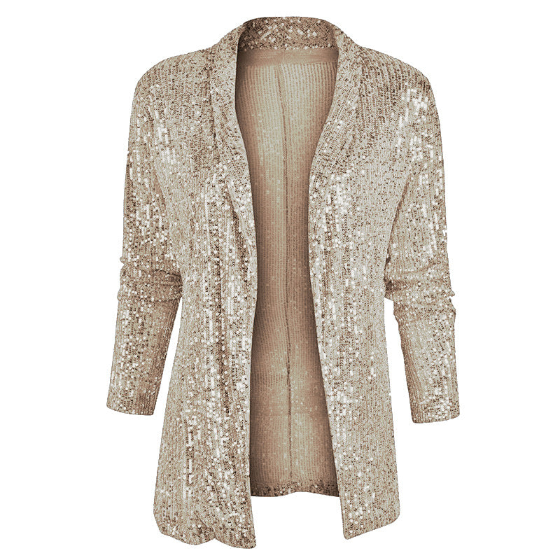 Sequin-Embellished Long-Sleeved Solid-Color Jacket