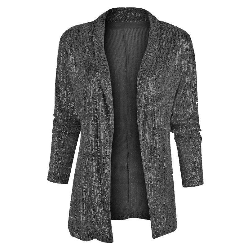 Sequin-Embellished Long-Sleeved Solid-Color Jacket