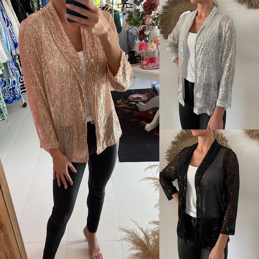 Sequin-Embellished Long-Sleeved Solid-Color Jacket