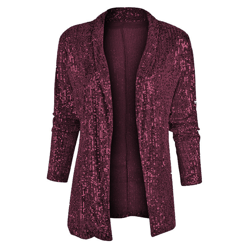 Sequin-Embellished Long-Sleeved Solid-Color Jacket