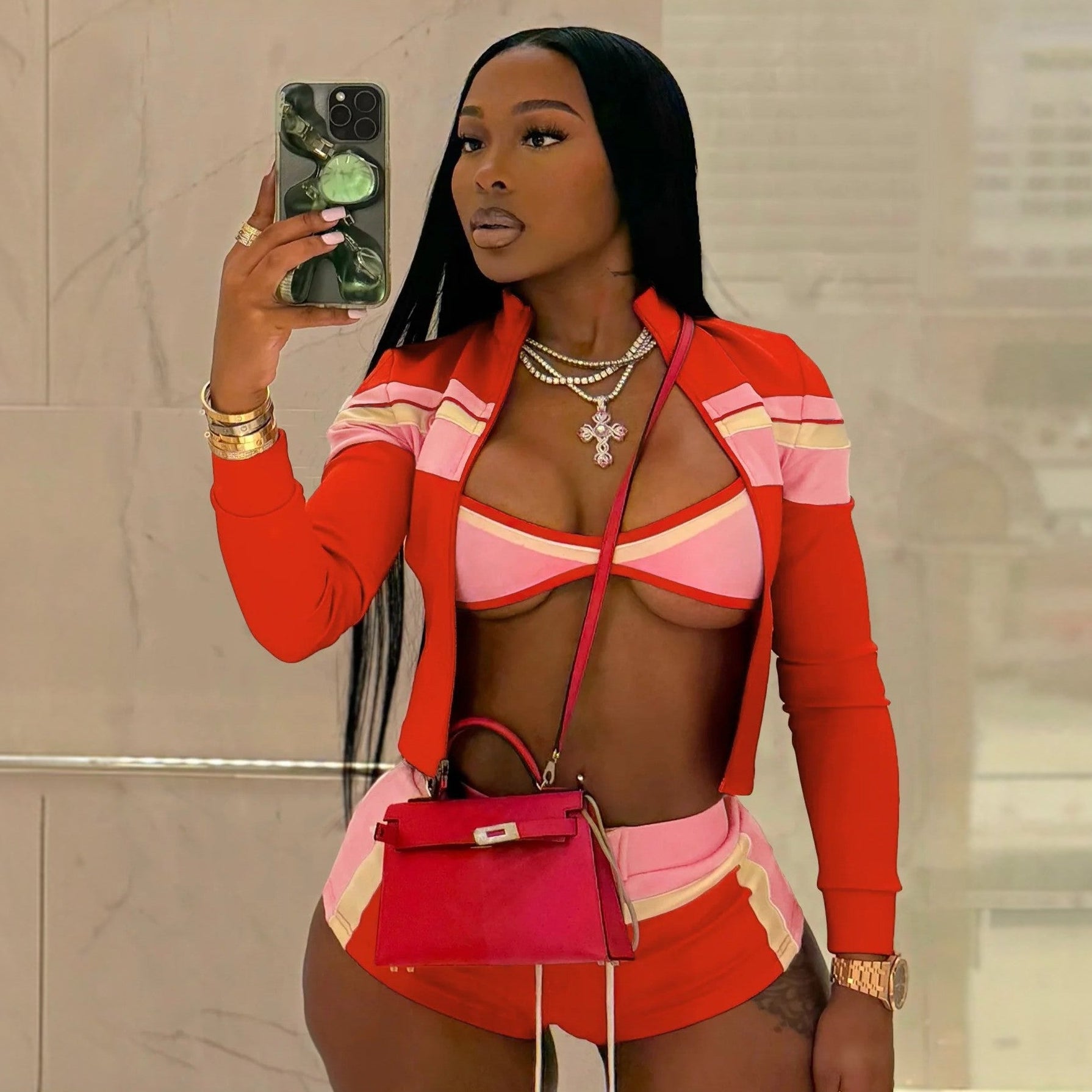 Striped Zip-Up Crop Shorts Set