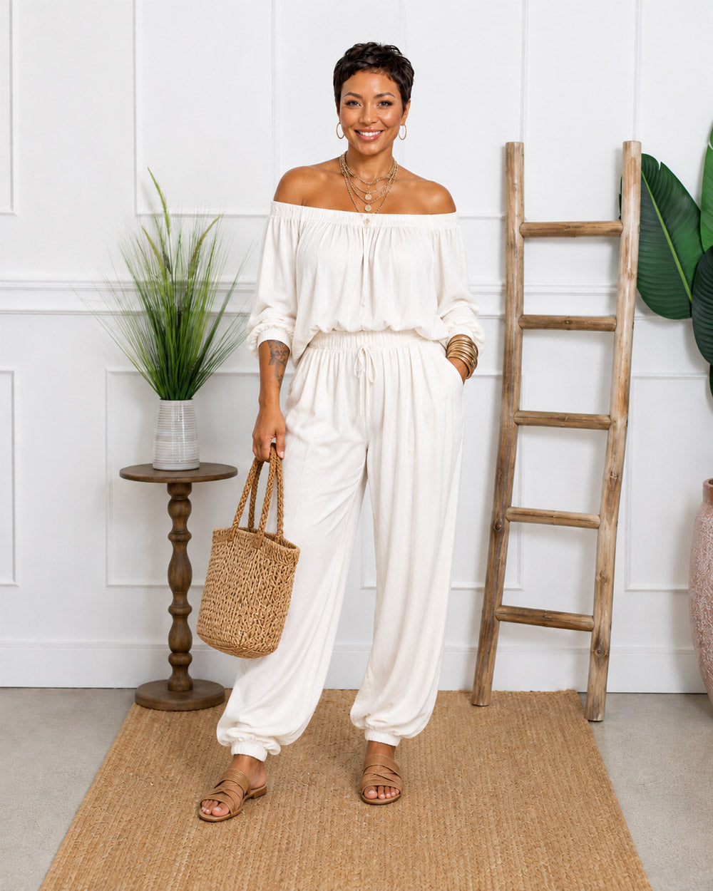 Plans Optional Off-Shoulder Harem Pant Set