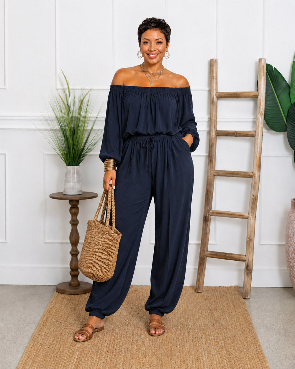 Plans Optional Off-Shoulder Harem Pant Set