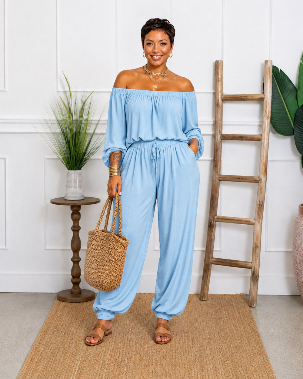 Plans Optional Off-Shoulder Harem Pant Set