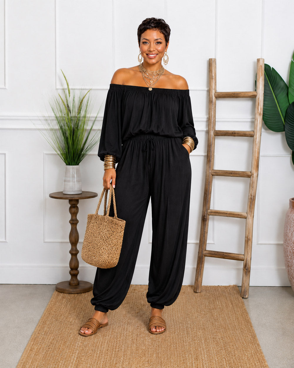 Plans Optional Off-Shoulder Harem Pant Set