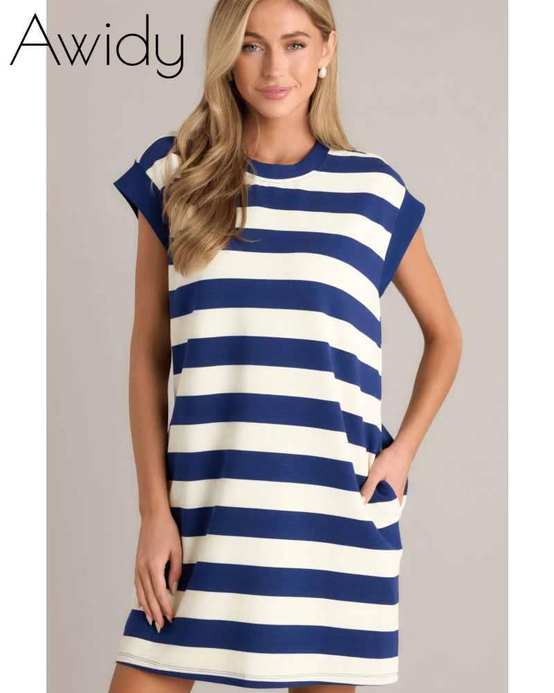 Harmony Horizon Striped Cap Sleeve Mini Dress