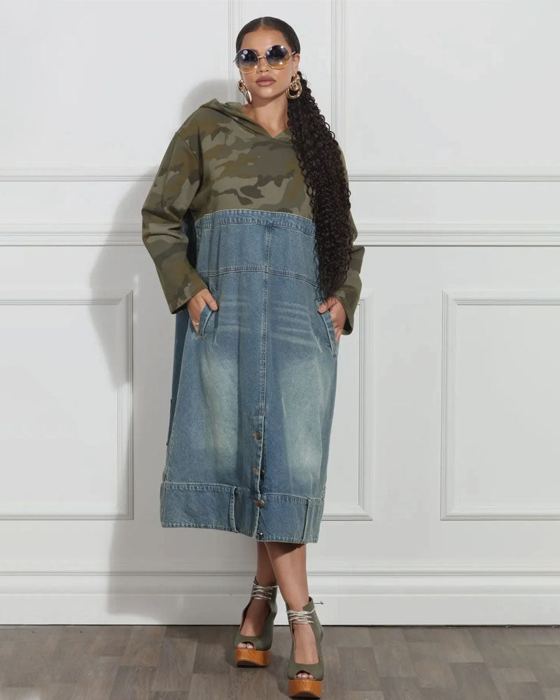 Around the Way Denim Hoodie Dress One Size Fits up to 1XL Denim