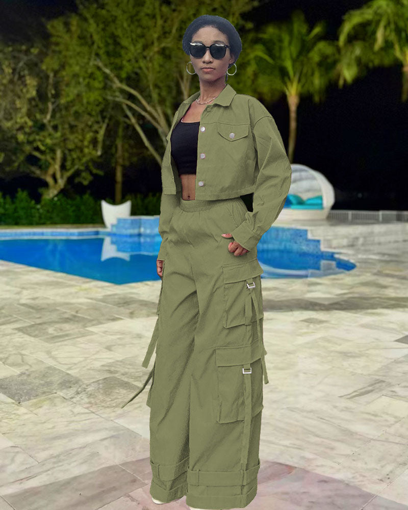 Azelie Cargo Pant Set Olive