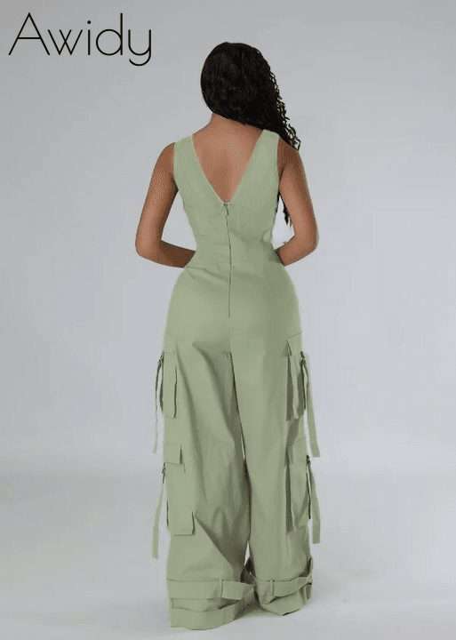 V-Neck Sleeveless Cargo Wide-Leg Jumpsuit