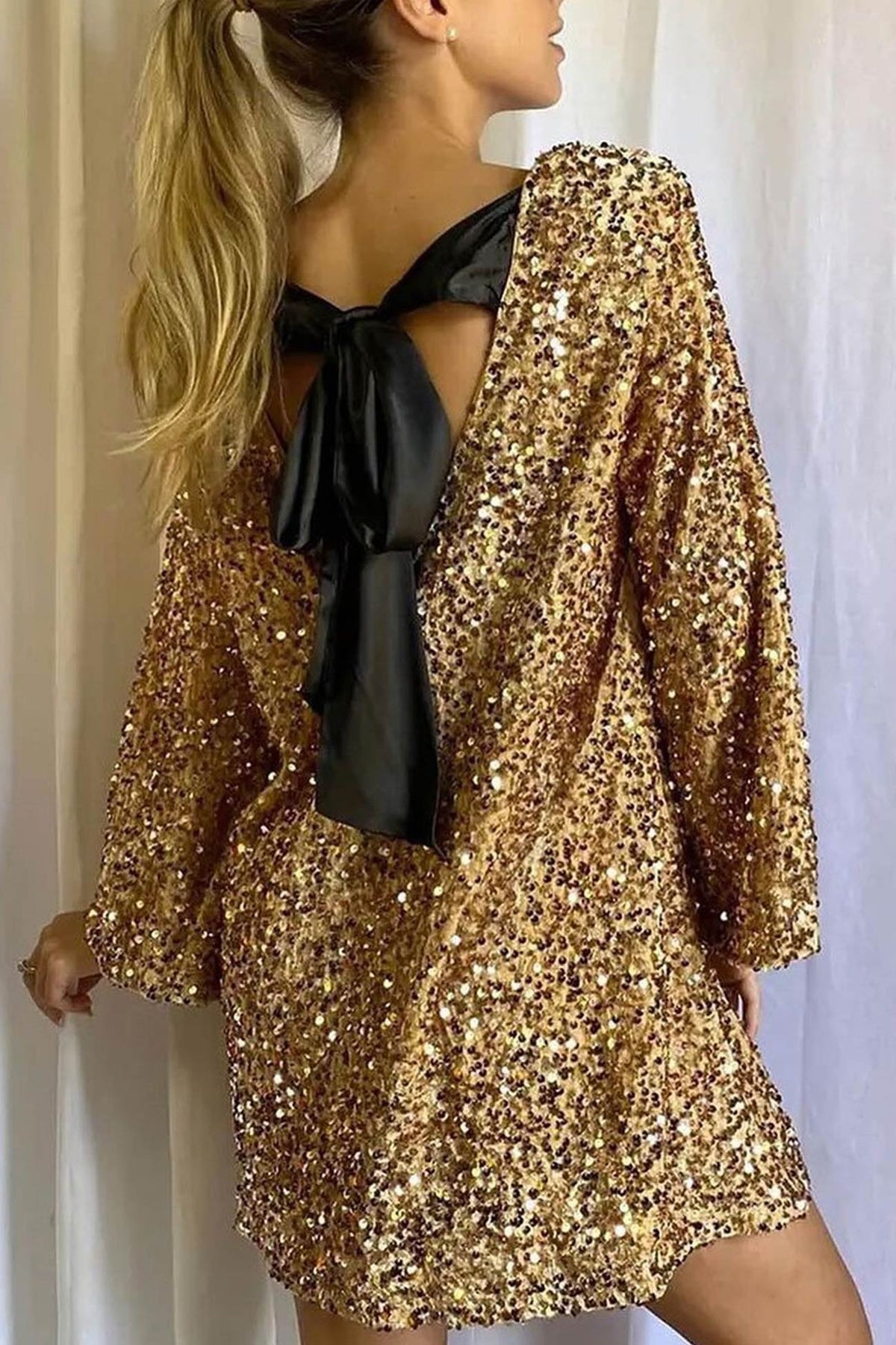 Back Bow Tie Sequin Mini Dress