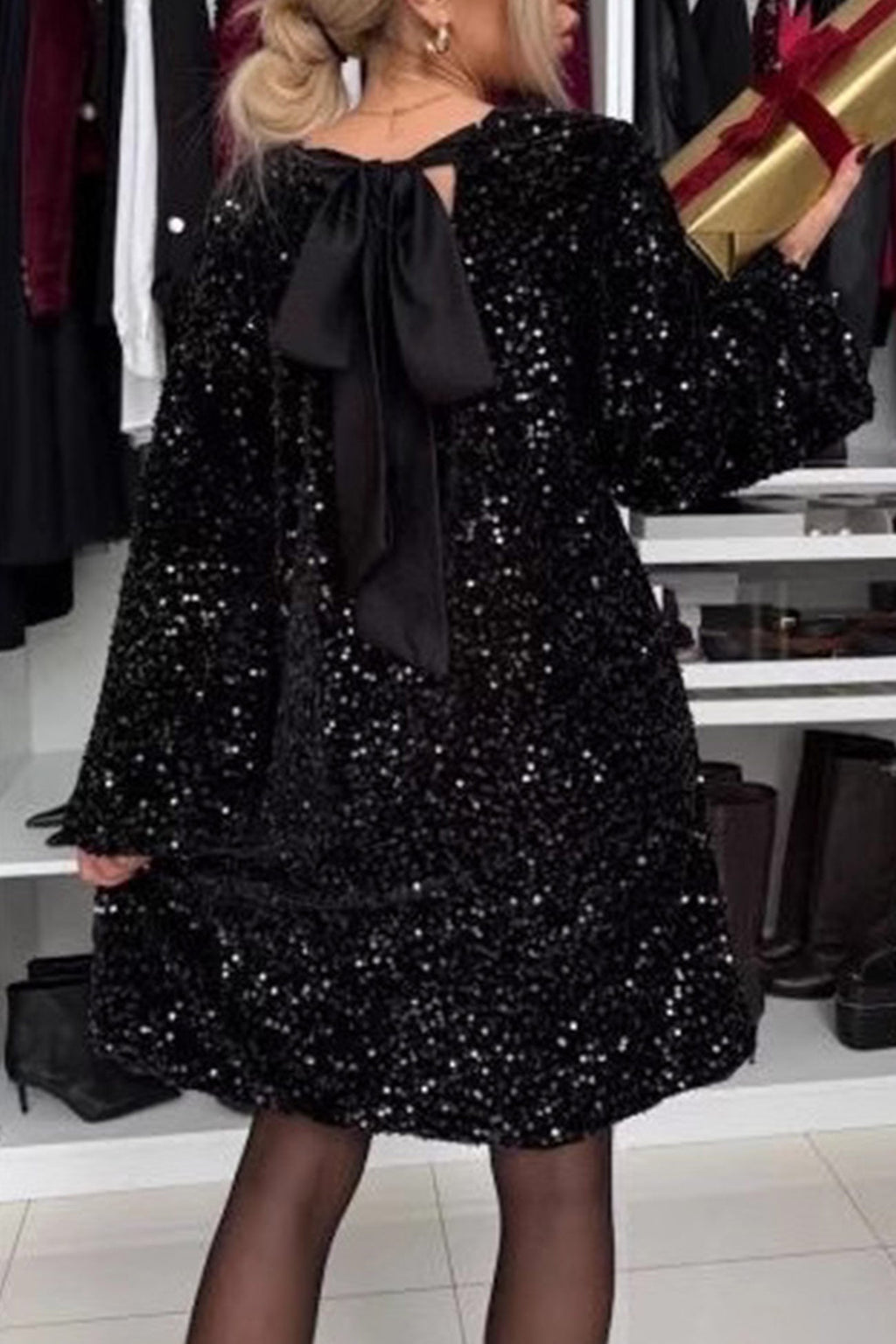 Back Bow Tie Sequin Mini Dress