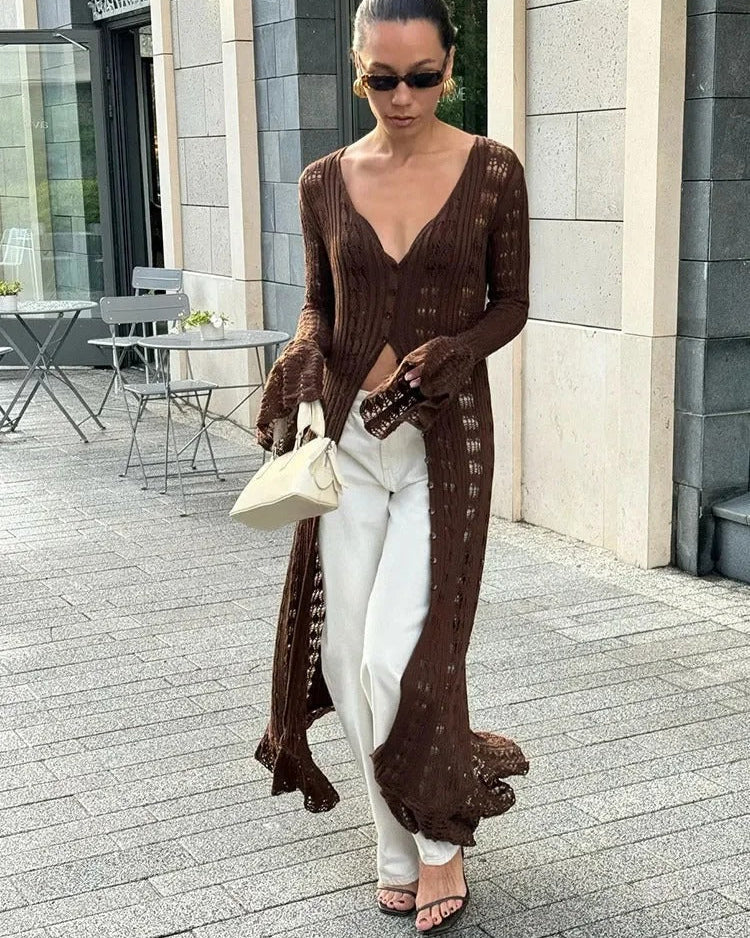 Boho Chic Long Cardigan with Buttons Brown L