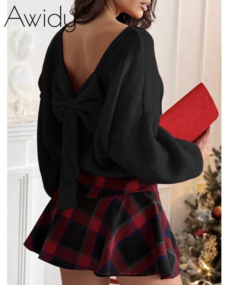 Bow Backless Bubble Sleeve Sweater