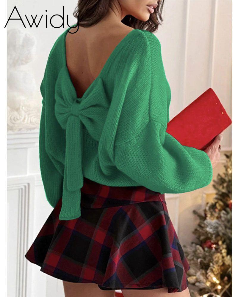 Bow Backless Bubble Sleeve Sweater