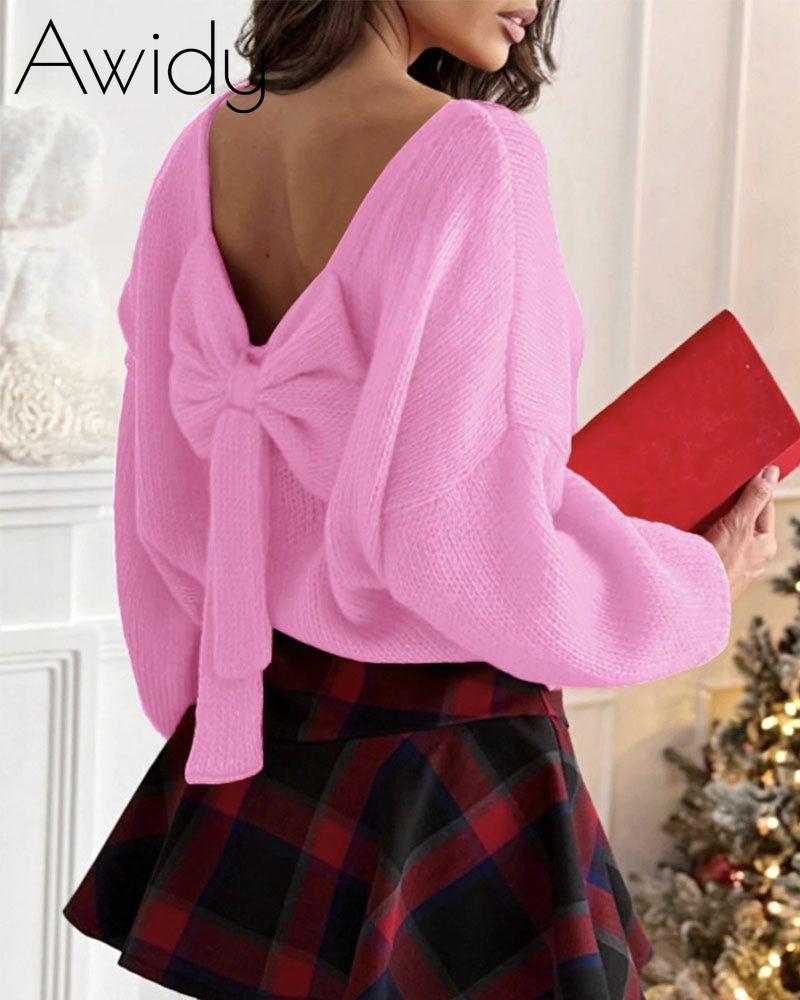 Bow Backless Bubble Sleeve Sweater