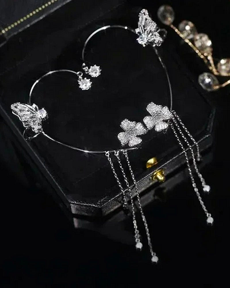 Butterfly Flowers tassel Ear Cuffs Silver Non-rotatable Flower