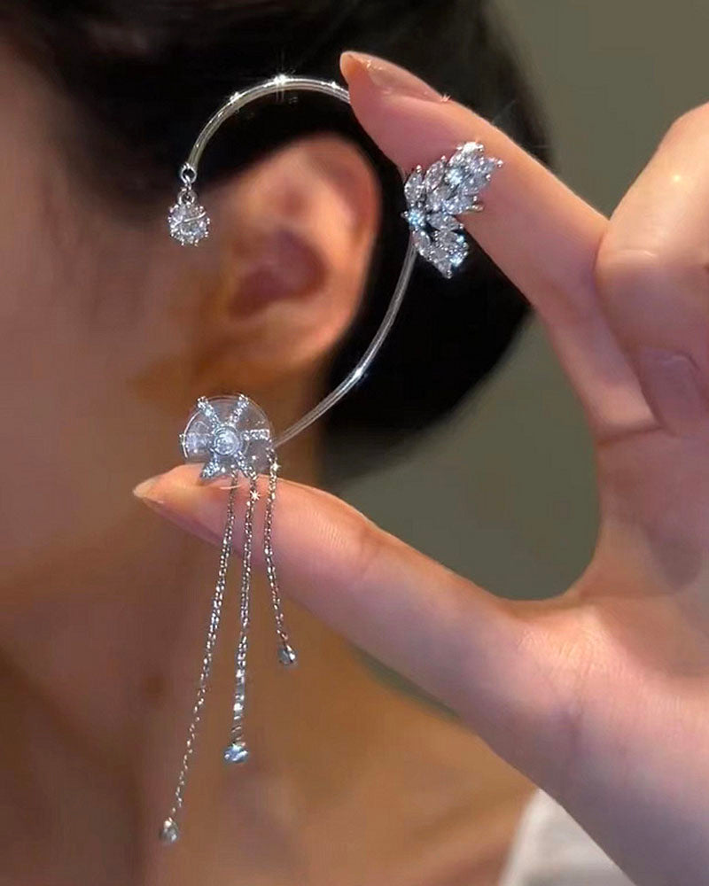 Butterfly Flowers tassel Ear Cuffs Silver Rotatable Flower