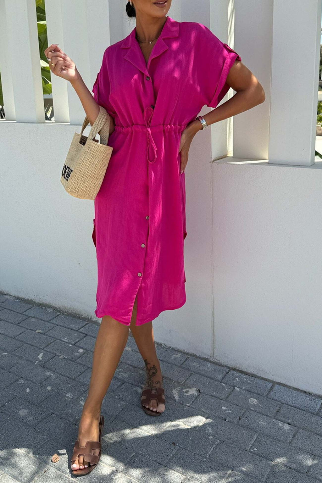 Button Down Short Sleeve Waist Tie Shirt Dress