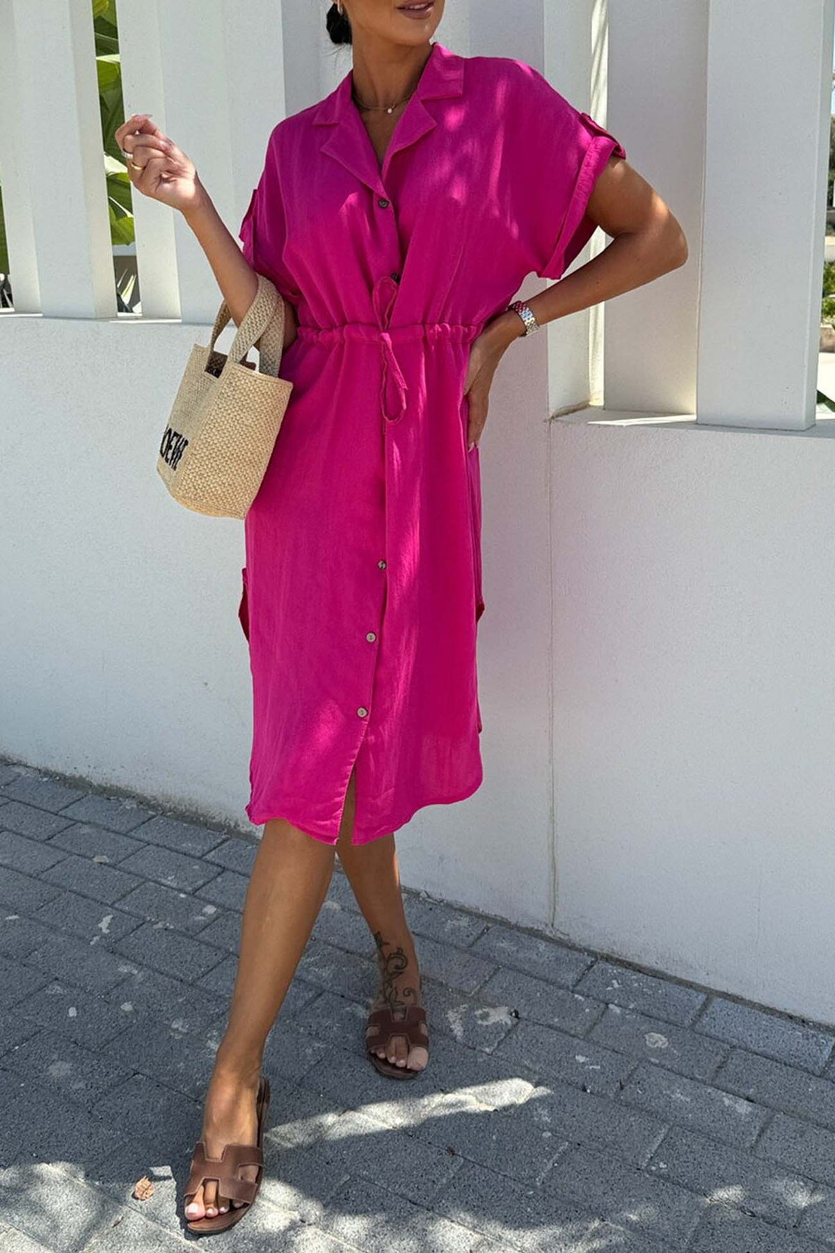 Button Down Short Sleeve Waist Tie Shirt Dress
