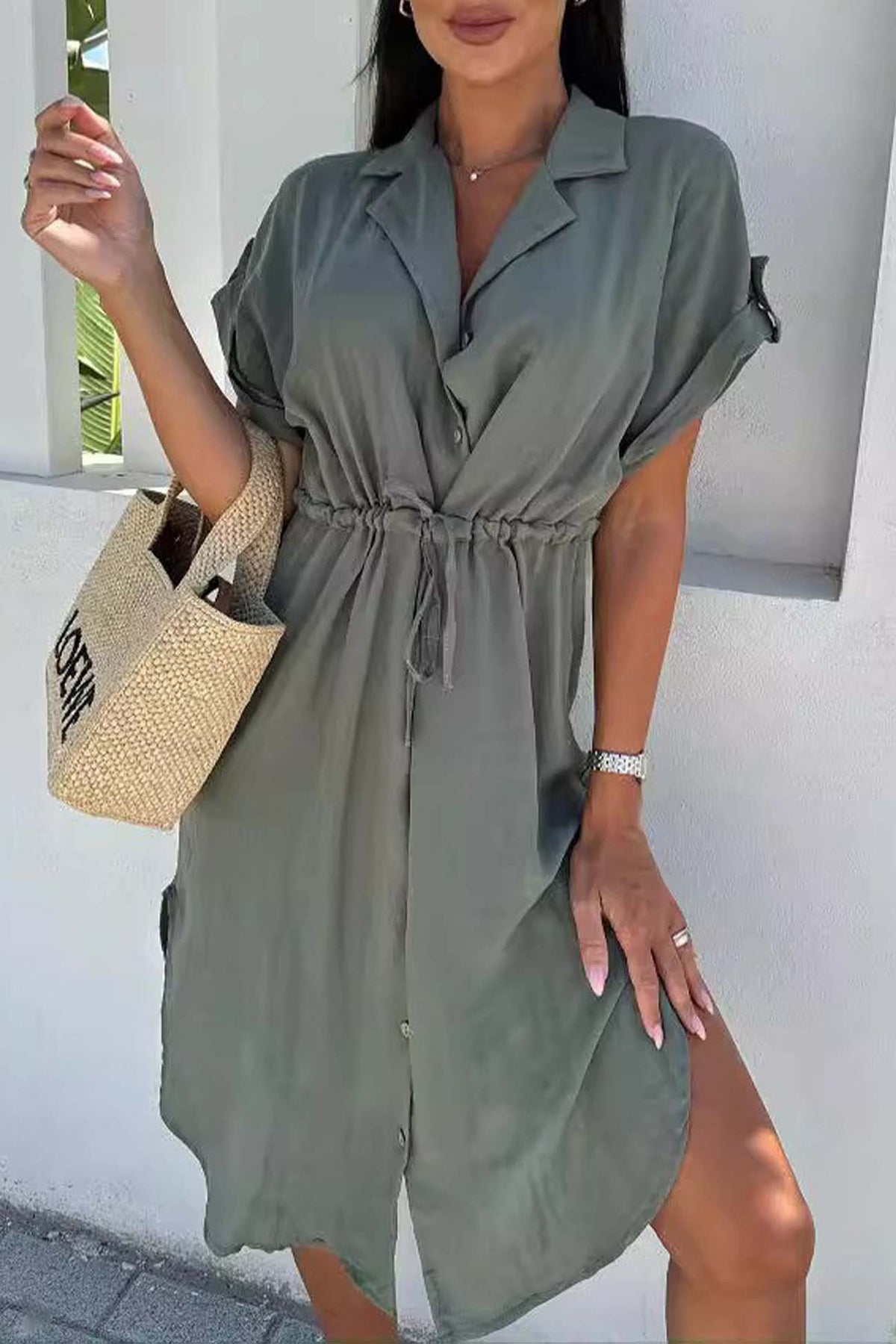Button Down Short Sleeve Waist Tie Shirt Dress