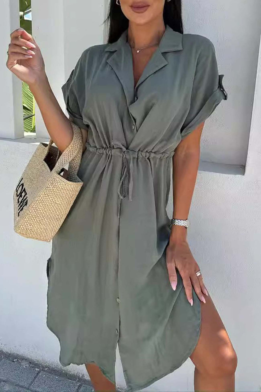Button Down Short Sleeve Waist Tie Shirt Dress