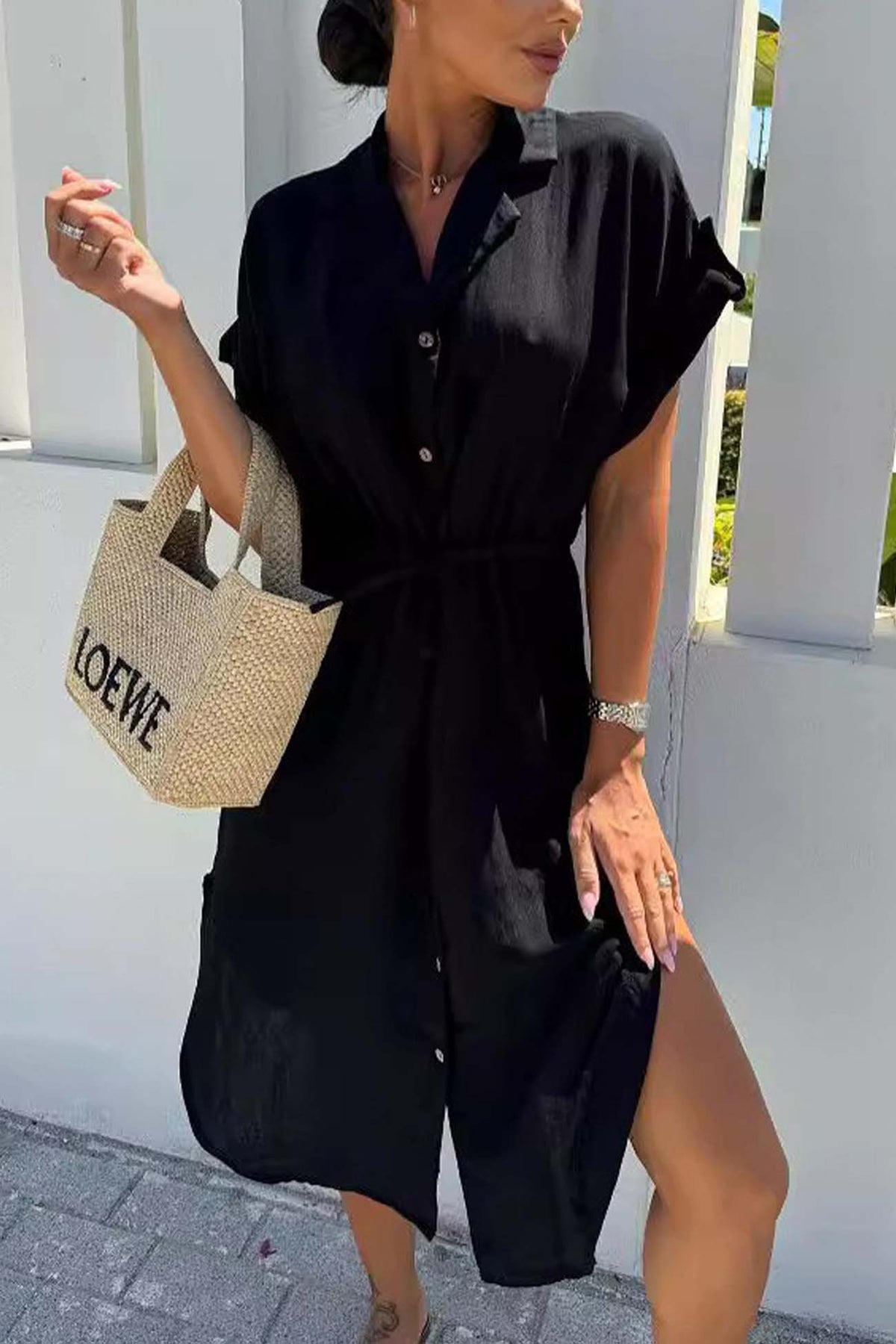 Button Down Short Sleeve Waist Tie Shirt Dress