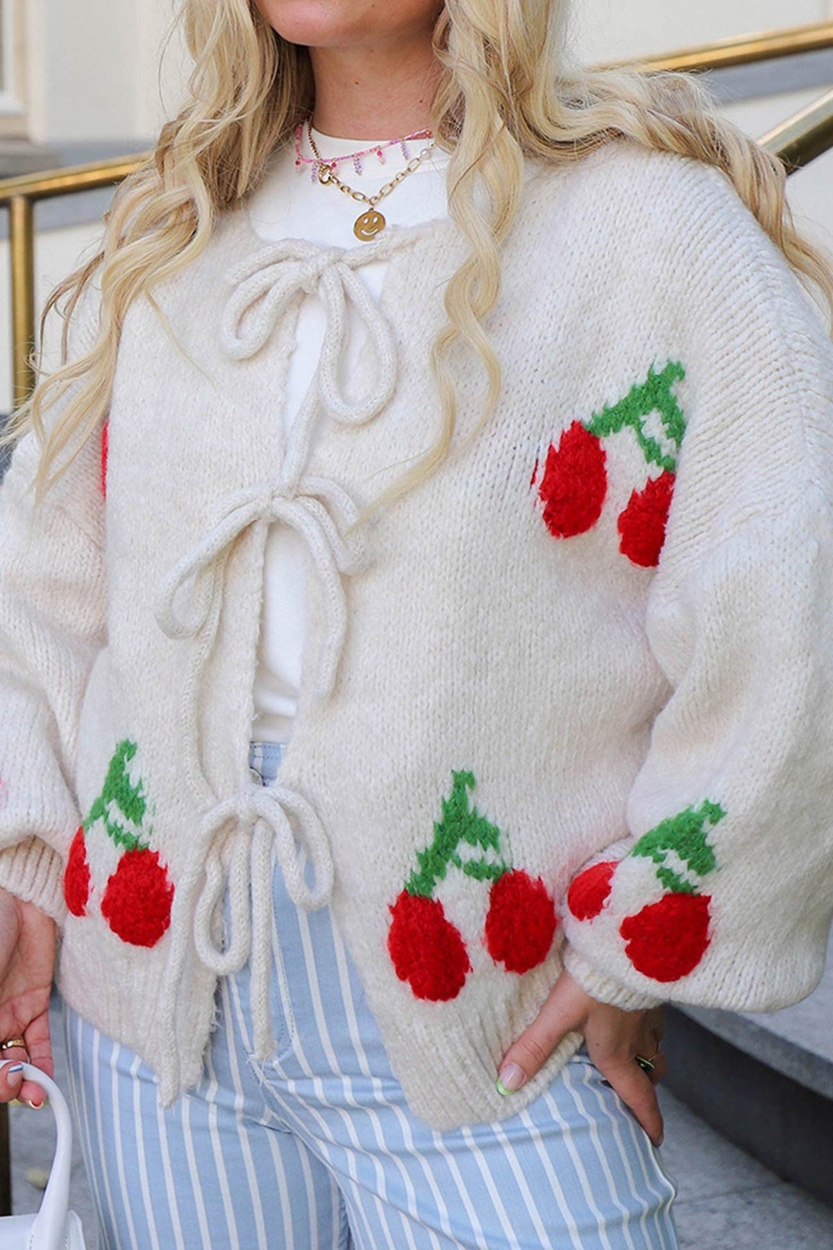 Cherry Jacquard Tie-up Cardigan