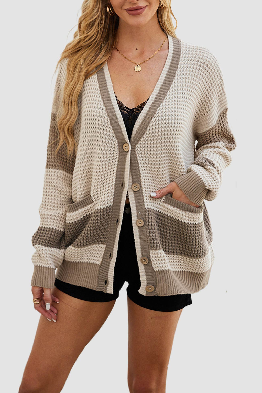 Color Splicing Button-down Cardigan