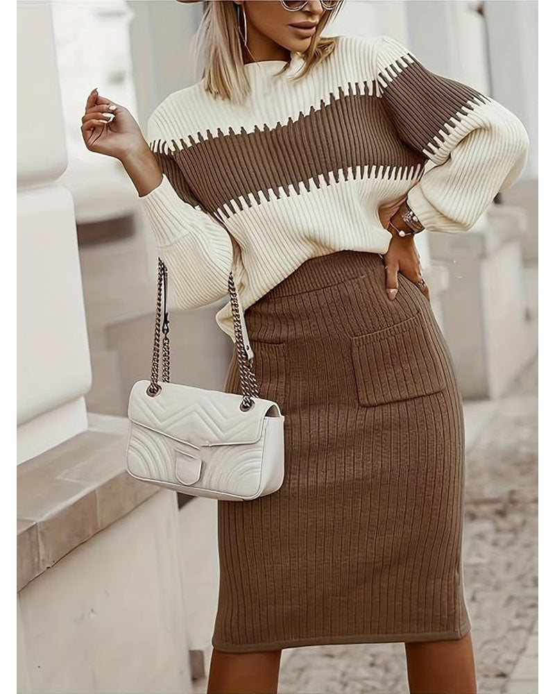 Color Block Sweater Set Coffee