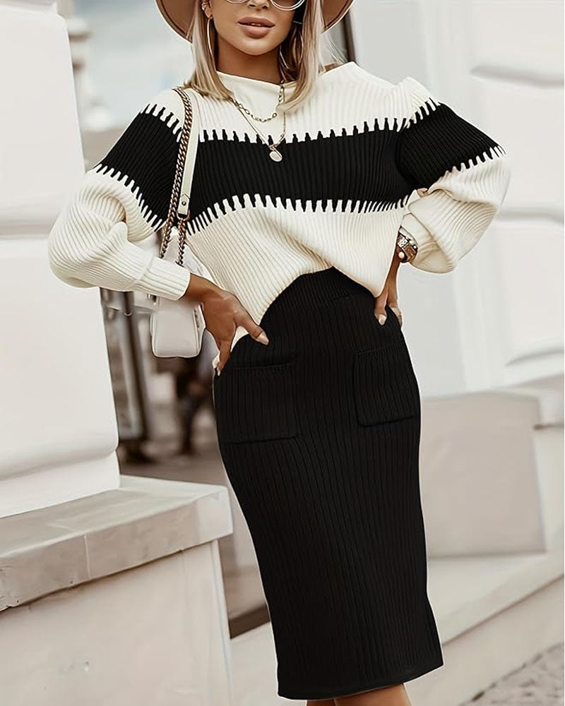 Color Block Sweater Set Black