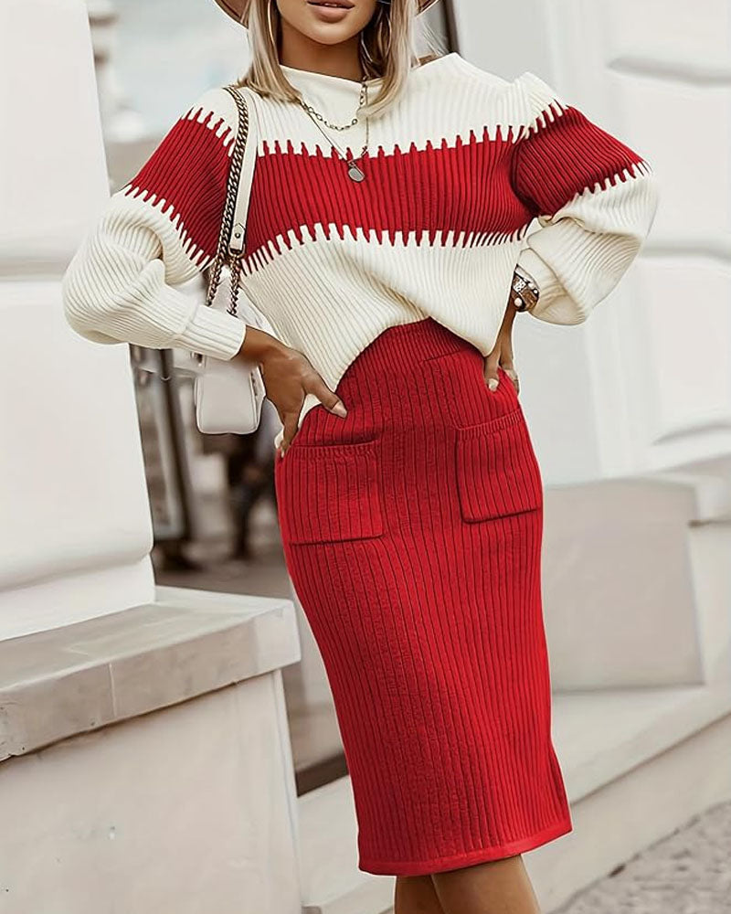Color Block Sweater Set Red