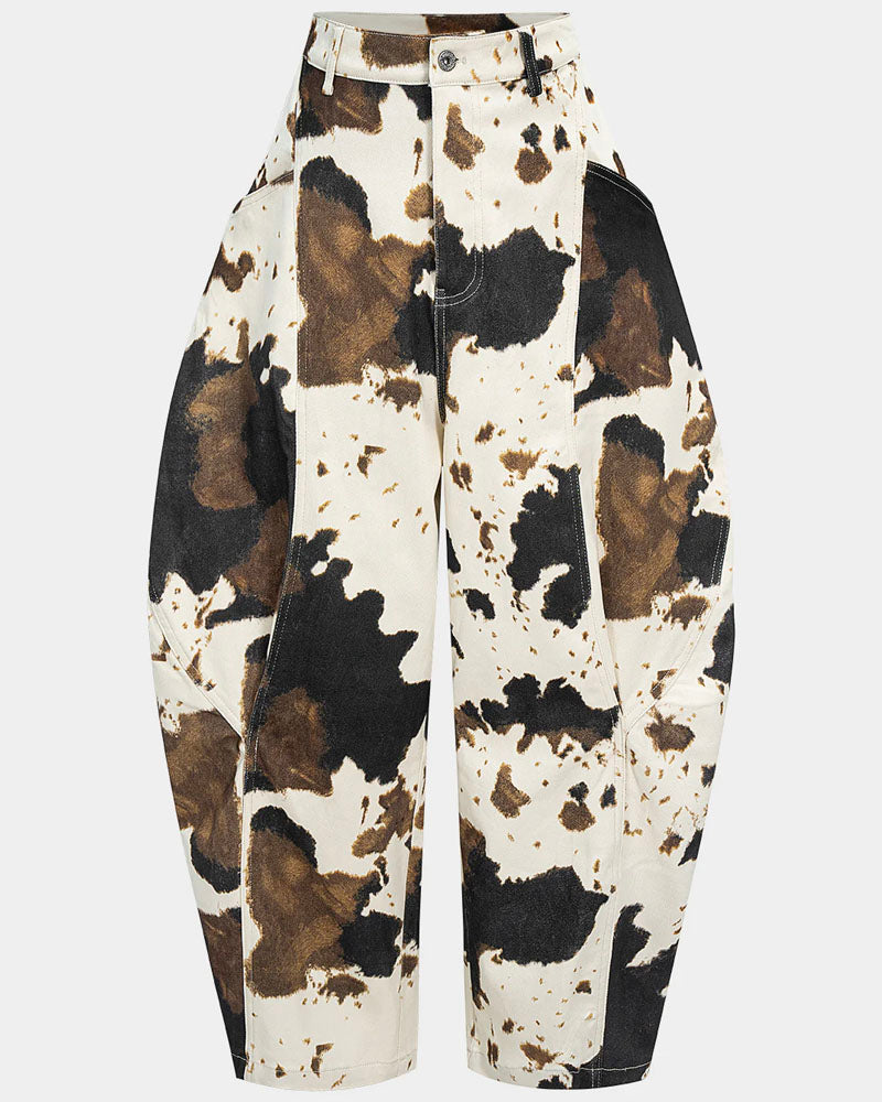 Cow Pattern Baggy Barrel Jeans